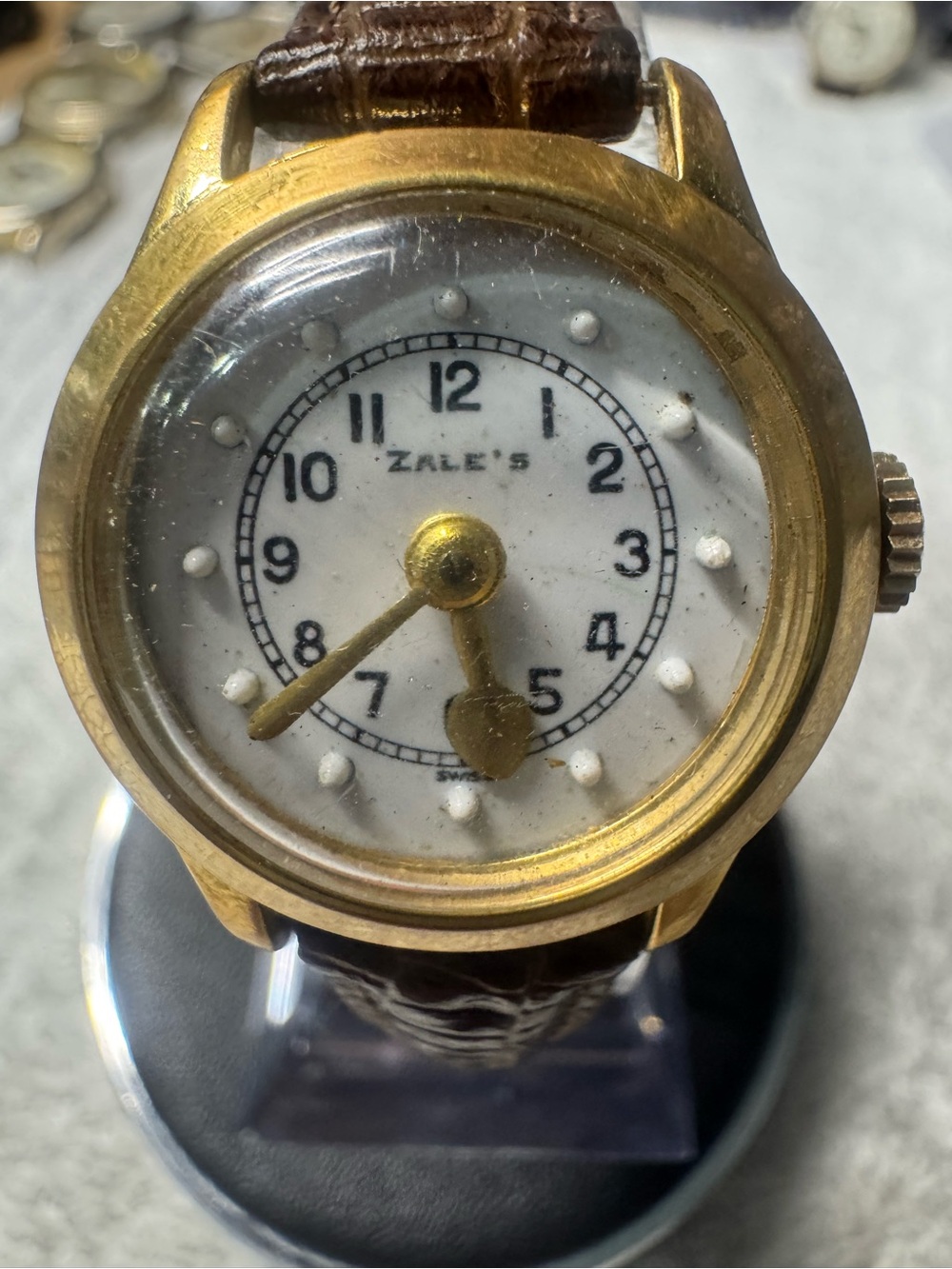 Zales Gold-Tone Braille Dial Watch with Brown Strap